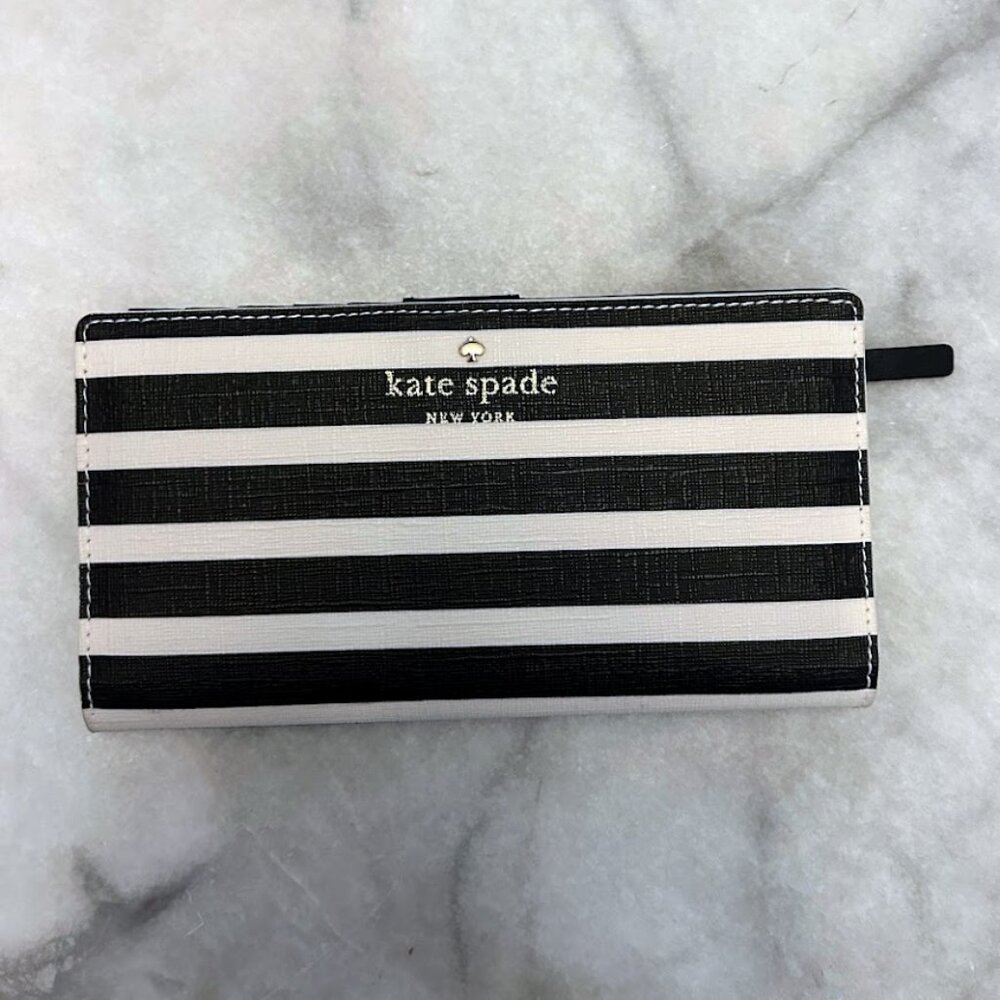Kate Spade Staci Large Slim Bifold Wallet striped black and white